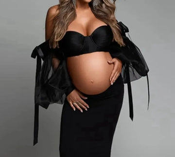 MQTIME  -  Sexy Black Tulle Pregnant Women Tops For Photography Charm Sweetheart Puff Sleeves Maternity Mini Mesh Female Blouse